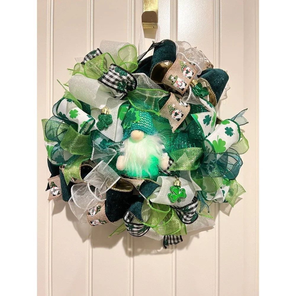 13” St. Patrick’s Day Ribbon Wreath Gnomes : Green & White Handmade MW9